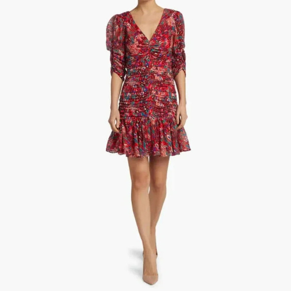 Tanya Taylor Pansy Dress Red Women's Size 0 V-Neck Bohemian Short Sleeve - Picture 1 of 8